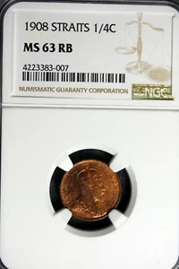 1908 - NGC MS63RB Straits Settlements 1/4 CENT!! #B22478 - Picture 1 of 2