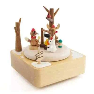 Wooderful Life Winter Camping Wooden Christmas Music Box Rotating New in Box - Picture 1 of 5