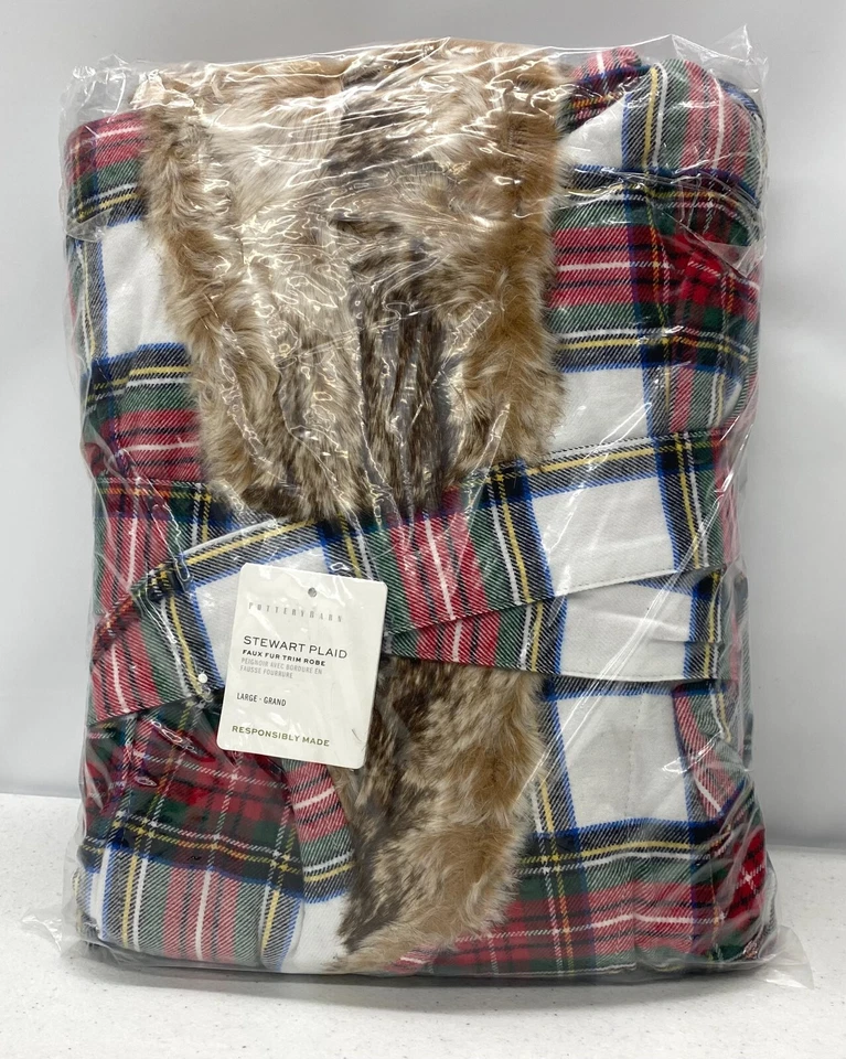 TOTALMENTE NUEVO Bata con Capucha Pottery Barn Stewart Franela a Cuadros Piel Sin Mono~GRANDE Foto 1 de 1