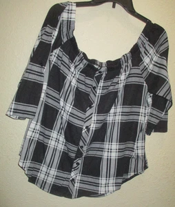 RUE 21 Top Size 2XL Scoop Neck  Plaid Navy 3/4 Sleeve Peasant Style Shirt Blouse - Picture 1 of 4