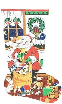 HandPainted Needlepoint Lee Christmas Stocking Santa and Toy Bag 23" - Image 1 of 4