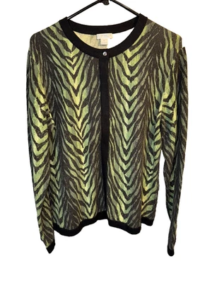 Investments Large 100% Fine Cashmere Green black Zebra Print Cardigan Sweater - Image 1 of 4