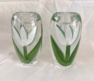 Pair Kosta Boda Swedish Art Glass Candle Holders White Tulip Hydman Vallien 5" - image 1 of 4