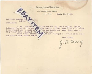 1923 LETTERHEAD Kosse Texas POST MASTER E. B. Bryant J T CURRY Post Office - Picture 1 of 1