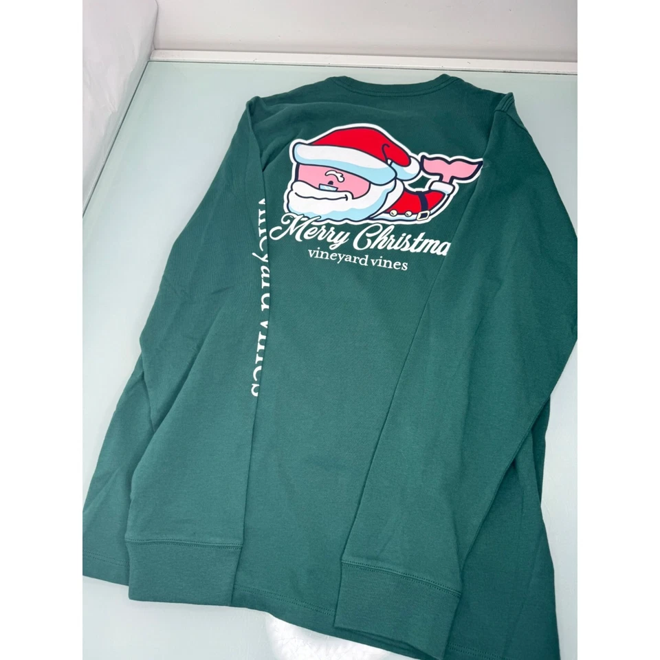 Vineyard Vines Boys Christmas T Shirt Green Santa Claus Long Sleeve Youth XL 18 - Image 1 of 4