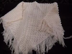 Vintage 1960's Hand Crocheted White Shawl 57" by 27"