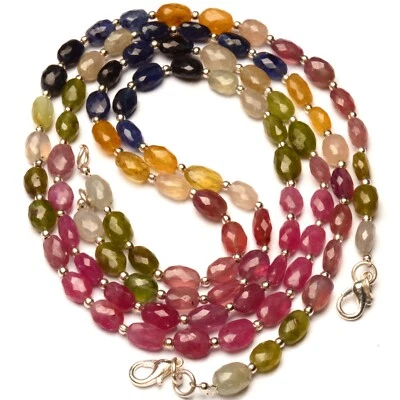 Natural Sapphire Gemstone 7 to 8 mm Size Faceted Oval Shape Beads 18.5" Necklace - Image 1 of 4