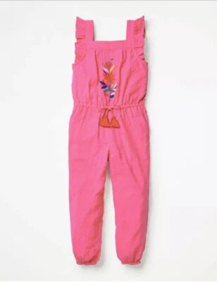 NEW Mini Boden Festival Pink Frill Sleeve Woven Floral Jumpsuit With Tassels - Image 1 of 4