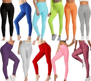 Womens High Waist Bubble Textured Leggings Solid Color Slim Butt Fitness Pants - Picture 1 of 46