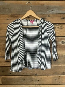 Girls Pinky Open Cardigan Sz L 10/12 Waterfall Hem Striped Blue/off White - Picture 1 of 3