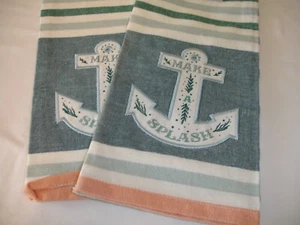 SET Embellished Coastal Anchor Dish Towel Tea Towel Beachy Cotton Kitchen Towels - Picture 1 of 6