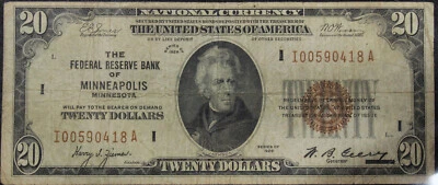 1929 VF20 Fr. 1870-I Federal Reserve Note Minneapolis 20$ , PCGS, SN I00590418A - Image 1 of 4