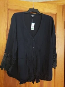 Women's Plus Simply Emma Black Button up Blouse with Lace Trim 2X  Black Onyx - Picture 1 of 5