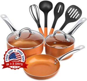 Juego De Ollas Y Sartén Con Utensilios De Cocina Material Cobre Sarteado Asado - Imagen 1 de 9
