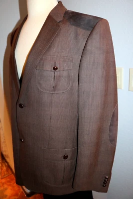 复古 Perry Ellis 棕色羊毛棉质西装外套,尺寸 44R千鸟格格子 — 第 1/4 张图片