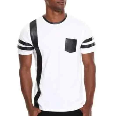 Camiseta Para Hombre Elegante Informal Genuina Hecha a Mano Blanca Con Rayas Negras Cuero Foto 1 de 4