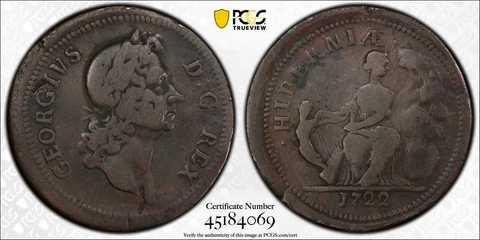 1722 1/2 Penny Hibernia Rocks Right Pcgs VG Detail Rare Colonial Coin Cover