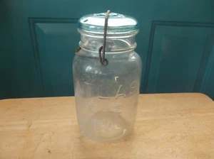 Vintage Wire Side Quart Size Atlas E-Z Seal Clear Glass Mason Jar with Blue Lid - Picture 1 of 9