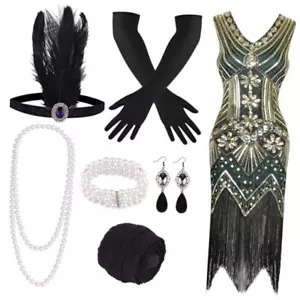 1920s V Neck Sequin Beaded Fringed Dress with 20s Medium Green(style 3) - Picture 1 of 7