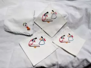 Vintage Set 3 Embroidered Teeter Todder Girls Hankies Napkins + 1 Other Unused - Picture 1 of 6