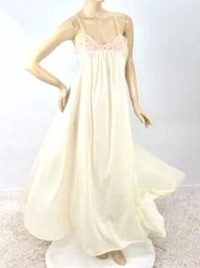Vintage Annique Wide Sweep Nachthemd M gelb Nylon rosa Spitze Kreuzriemen - Bild 1 von 14
