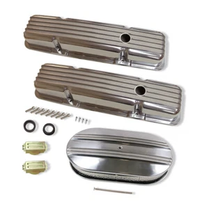For Chevy SBC 1958-1986 Finned Polished Short Valve Cover Set & 15" Air Cleaner - Picture 1 of 7