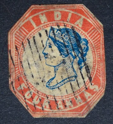 INDIA SG22 QV 1854 4A azul profundo y rojo, troquel de cabeza III, troquel de marco II, corte a medida Foto 1 de 2