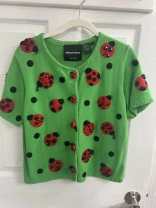 Vintage Michael Simon Green Ladybug Short Cardigan Top Small Beaded Sweater Rare - Bild 1 von 12