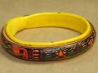 Vintage 70s Dyed Yellow & Multicolor Cats Soft Puffy Leather Bangle Bracelet 8"