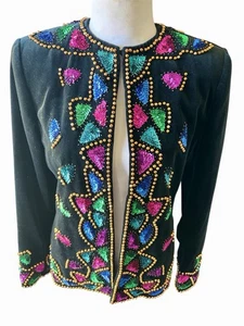 Vtg Ornate Jewels Colorful Sequin Studded Black Velvet Whimsigoth Witch Blazer 4 - Picture 1 of 9