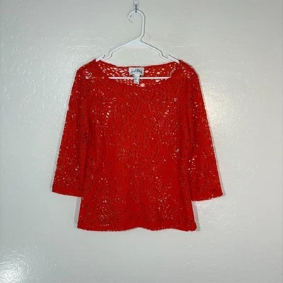 Camisa Joseph Ribkoff Mujer 8 Rojo Crochet Encaje Tejido Abierto Manga 3/4 Top Transparente Foto 1 de 4
