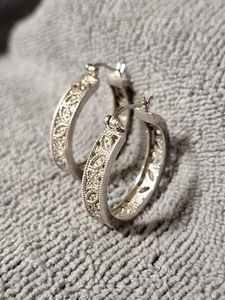 Vintage Sterling Silber 925 Markasiten 1" Creolen Ohrringe durchbohrt filigran  - Bild 1 von 6