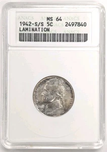 1942 - S/S Jefferson Nickel ANACS MS64 Laminierung - LOOK CLOSE - alte Seifendose #Z366 - Bild 1 von 4