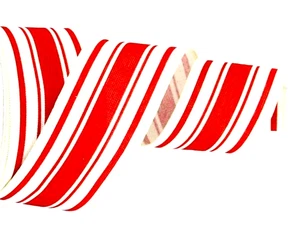 Christmas Red Off White Stripe 2.5" by 2 yd Canvas Wire Ribbon Peppermint Candy - Picture 1 of 6