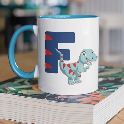 Taza de café de té inicial de dinosaurios - letra verde azul para niños niños T-Rex Foto 1 de 4