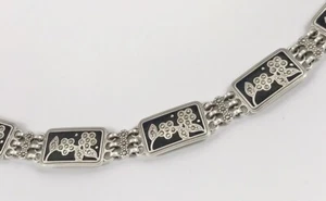 BRIGHTON Retired GLORIA Flower Black Enamel Silver Crystal Toggle Bracelet #1054 - Picture 1 of 5