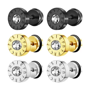 3 Pairs Mens Norse Viking Runes Stud Earrings Screw Back Steel Fake Gauges Plug - Picture 1 of 25