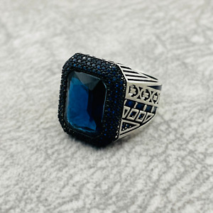 Men Special Authentic Ottoman Design 925 Sterling Silver Ring Simulated Sapphire