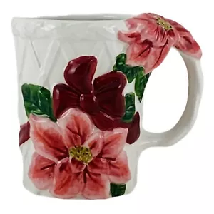 Allure Poinsettia Mug Cup 1999 Sculpted Glossy Finish Ivory Pink Red Vintage - Picture 1 of 11