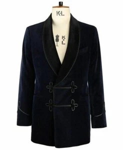 Blue Velvet Smoking Jacket Men's Stylish Evening Party Wear Dinner Blazer Coats - Picture 1 of 3