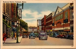 Vintage Portland Maine ME Geschäftsviertel Straßenansicht alte Autos 1940er Postkarte - Bild 1 von 2