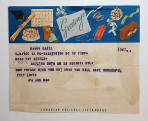 SS Ascania Ship Canadian National Telegraphs Saludos Papel Recibo 1951 - Imagen 1 de 3