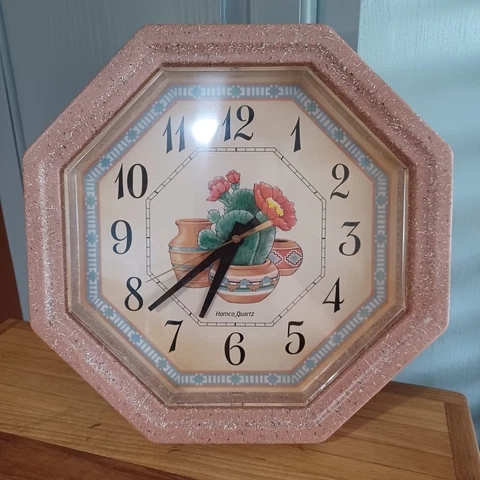 Vintage Southwestern Homco Wall Clock Pastel Colors Pink Cactus 90s Aztec Cover