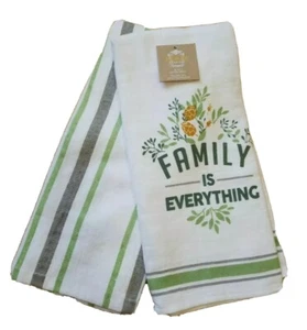 Kaf Home Patina Vie Set of 2 White 100% Cotton "Family" Kitchen/Tea Towels, New  - Picture 1 of 11