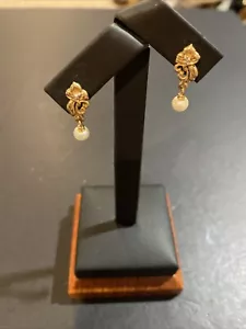 14K Gelbgold Diamant Ohrhänger Perlen Ohrringe signiert T&C (Stadt & Land) - Bild 1 von 5