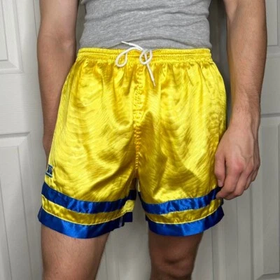 Xara 90s Raro Vintage Nylon Glanz Fútbol Shorts Sedoso Brillante Oro Amarillo - Imagen 1 de 4