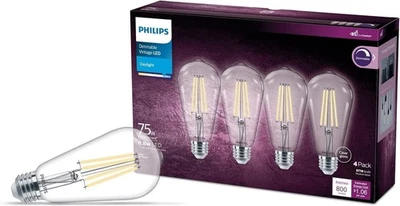 Philips 566430 Vintage 75W Equivalent Daylight ST19 Medium LED Light Bulb, 4PK - Image 1 of 3