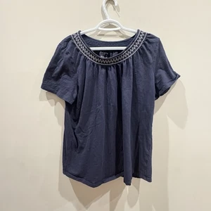 Talbots 1X Navy Blue & White Embroidered V Neck Short Sleeve Boho - Picture 1 of 5
