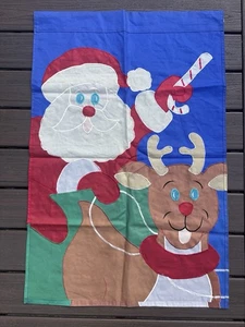 "Bandera de Navidad de Papá Noel y Reno vintage años 90 exterior nailon bordada 28 x 41""" - Imagen 1 de 4