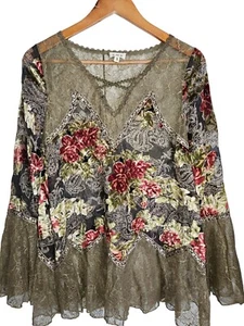 POL Lace Sheer Floral Burnout Romantic Witchy Tunic Top W/ Bell Sleeves Women S - Picture 1 of 7